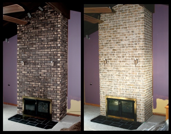 Two story fireplace brick and mortar in Kankakee, IL  was stained to shades of off whites, tans and grays,  Group C