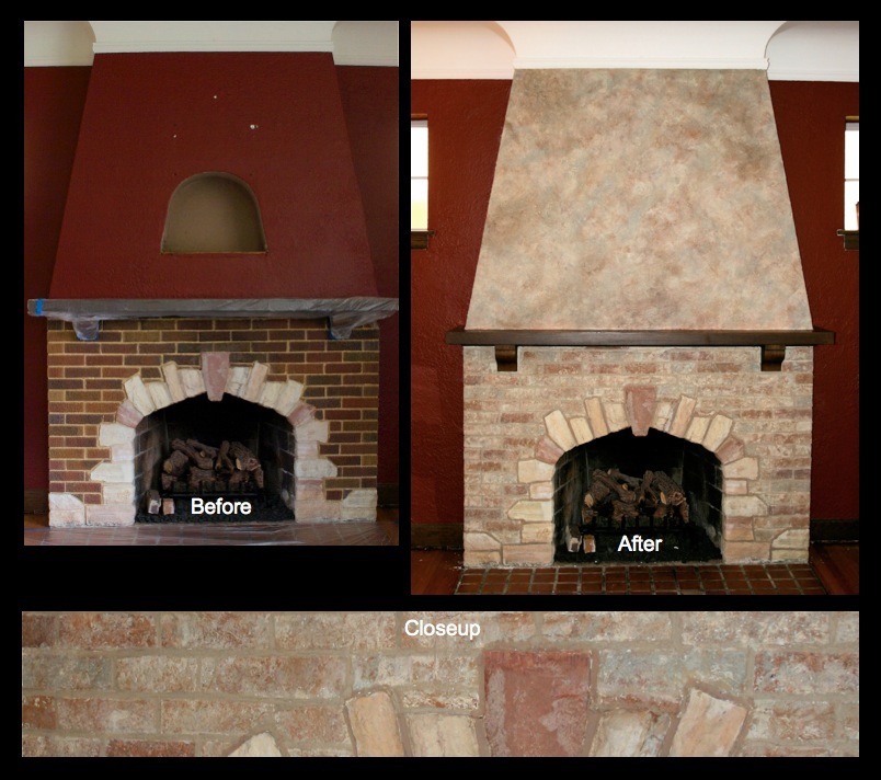 Stained brick and stone fireplace and faux finished wall above.