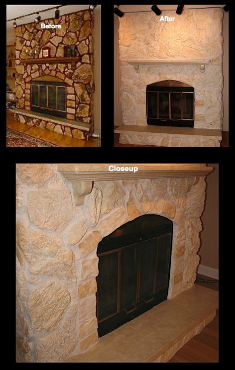 Fireplace Stone stained to lighter shades of off whites, light golds, and khaki colors.