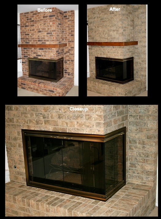 Fireplace brick was transformed using shades of siennas, khakis and mosses.