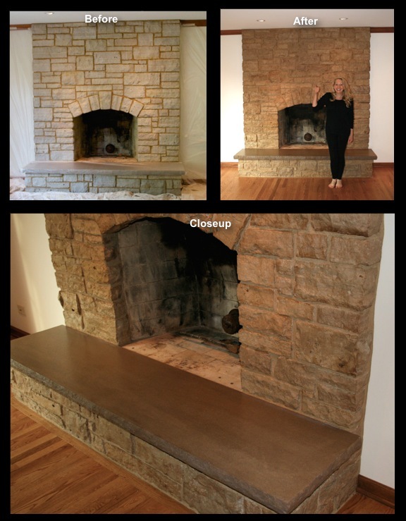 Stained and refinished stone fireplace and limestone hearth.