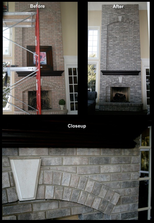 Refinished two story fireplace brick fireplace in St. Charles, IL.